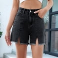 thumbnail image 4 of Women High Waisted Stretchy Casual Denim Shorts Front-Slit Frayed Hem Summer Trendy Jorts Black & Gray XXL, 4 of 9