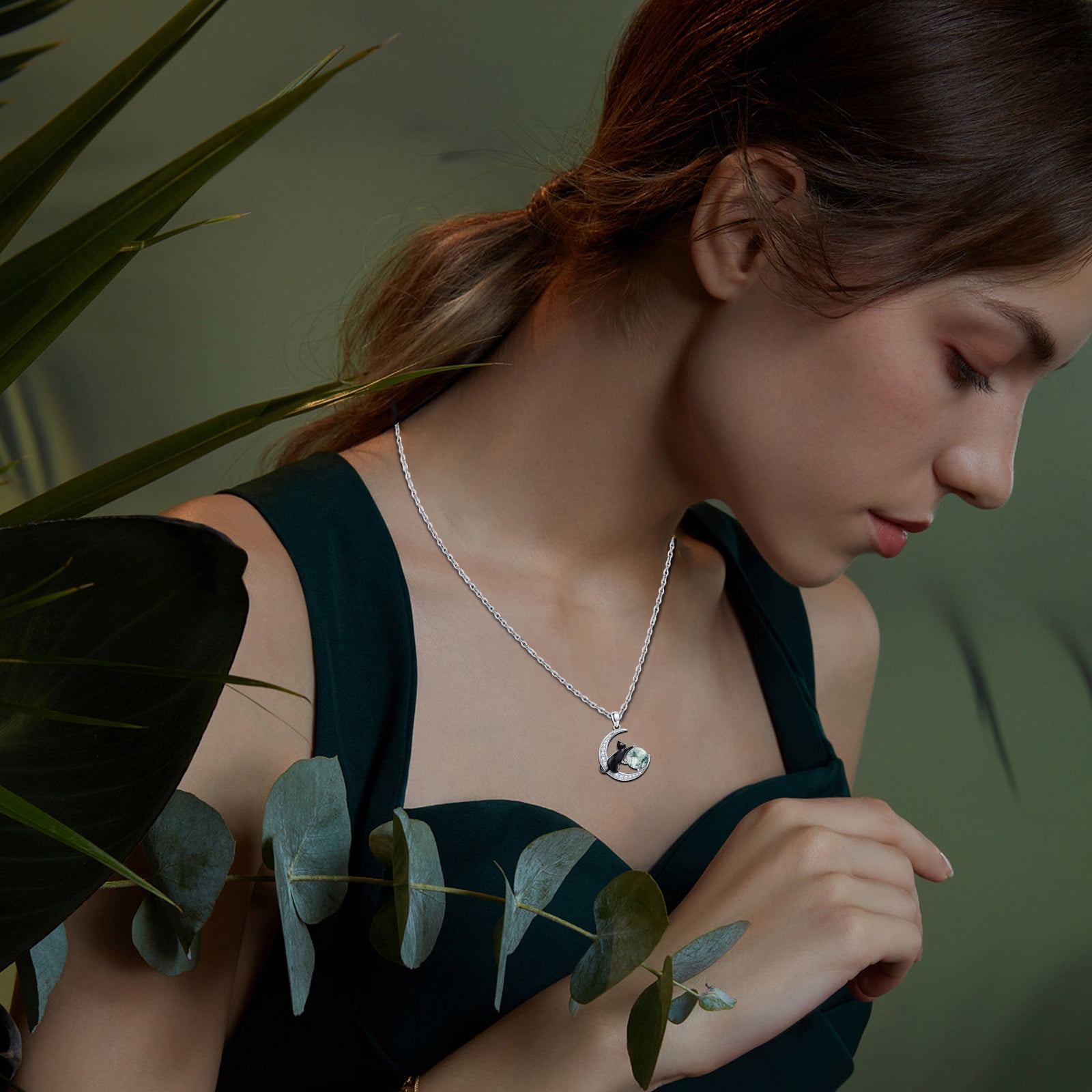Coachuhhar Cat Necklace 925 Sterling Silver Cute Animal Pendant Necklace Moss Agate Jewelry Gifts for Women