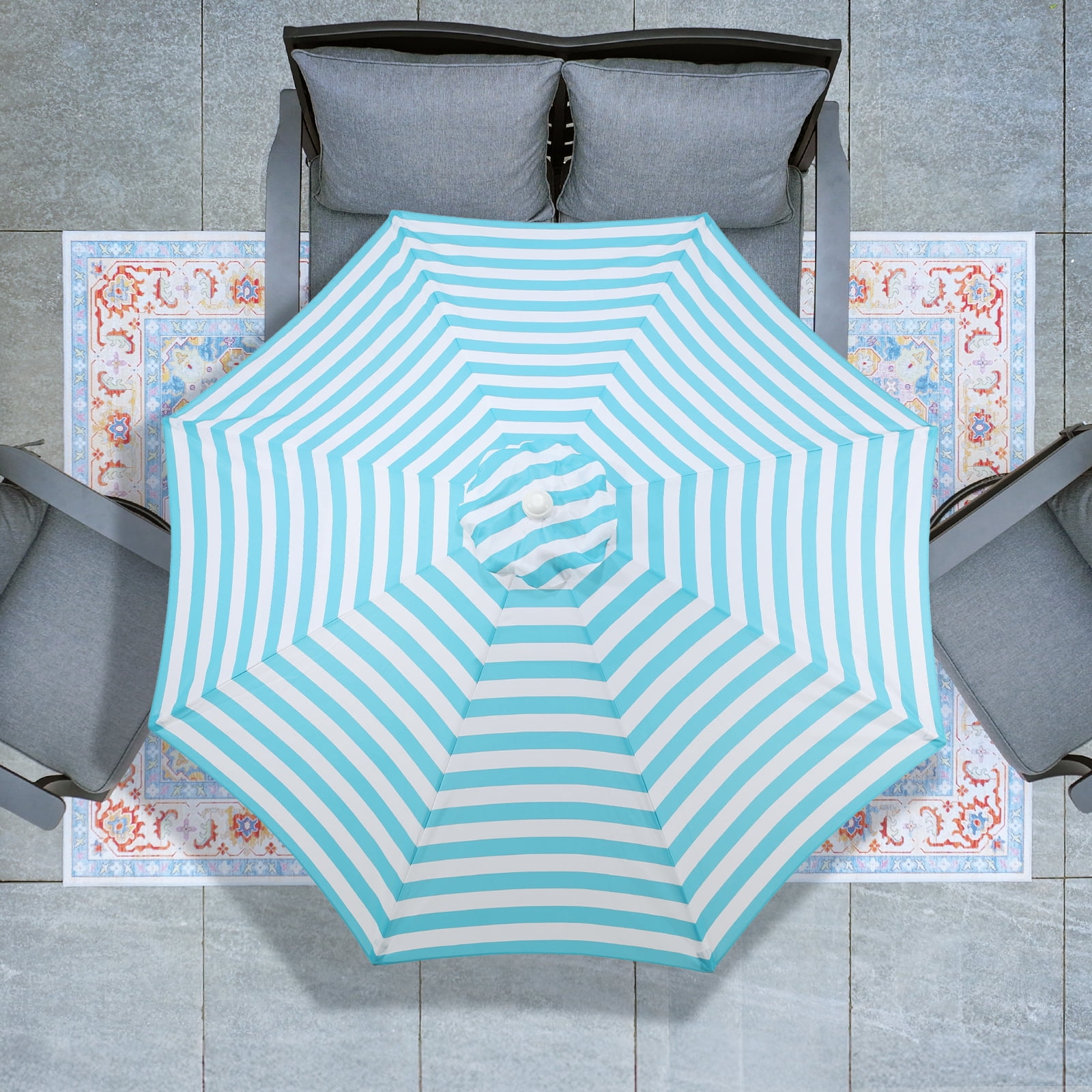 BPS 9FT Outdoor Patio Umbrella with Push Button Tilt & Crank, 8 Sturdy Ribs, UV Protection, Sky Blue-White Stripes