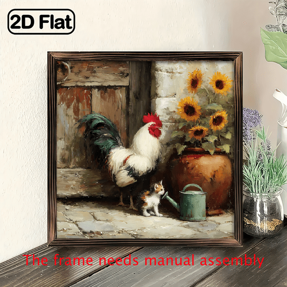 2D Flat, 8x8 Inch Farmhouse Framed Wall Art - Rustic Rooster Hen Chicken Coop with Sunflowers, Wood Frame Country Decor, HorizontalVertical Hanging Farmhouse Pictures for Bedroom, Laundry Room, Di