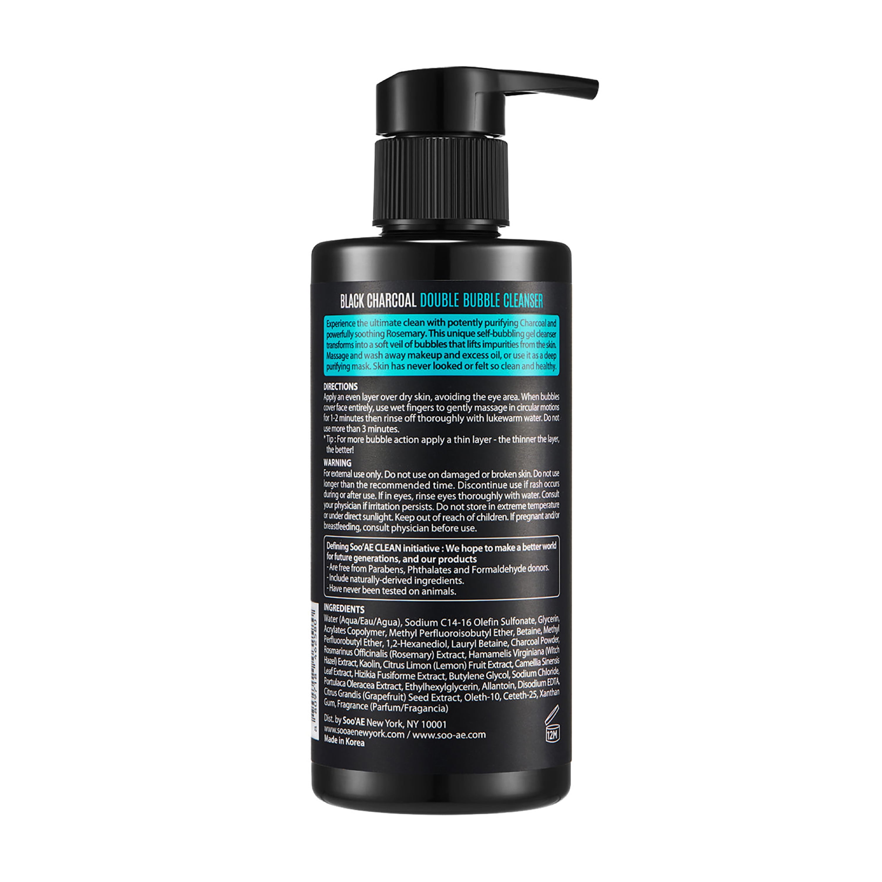 Soo'AE Black Charcoal Double Bubble Cleanser + Mask 2 in 1, 6.76 fl oz