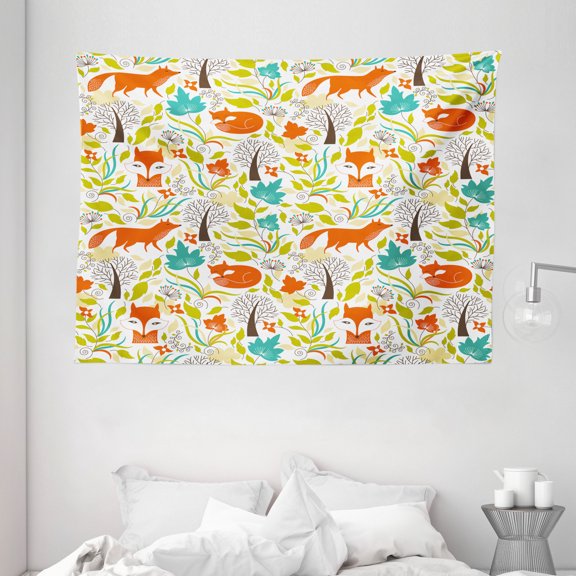 Cartoon Decor Tapestry, Wild Fox Wolf with Leaves Flowers Leafless Trees Art Decor Print, Wall Hanging for Bedroom Living Room Dorm Decor, 80W X 60L Inches, Orange Green and Blue, by Ambesonne