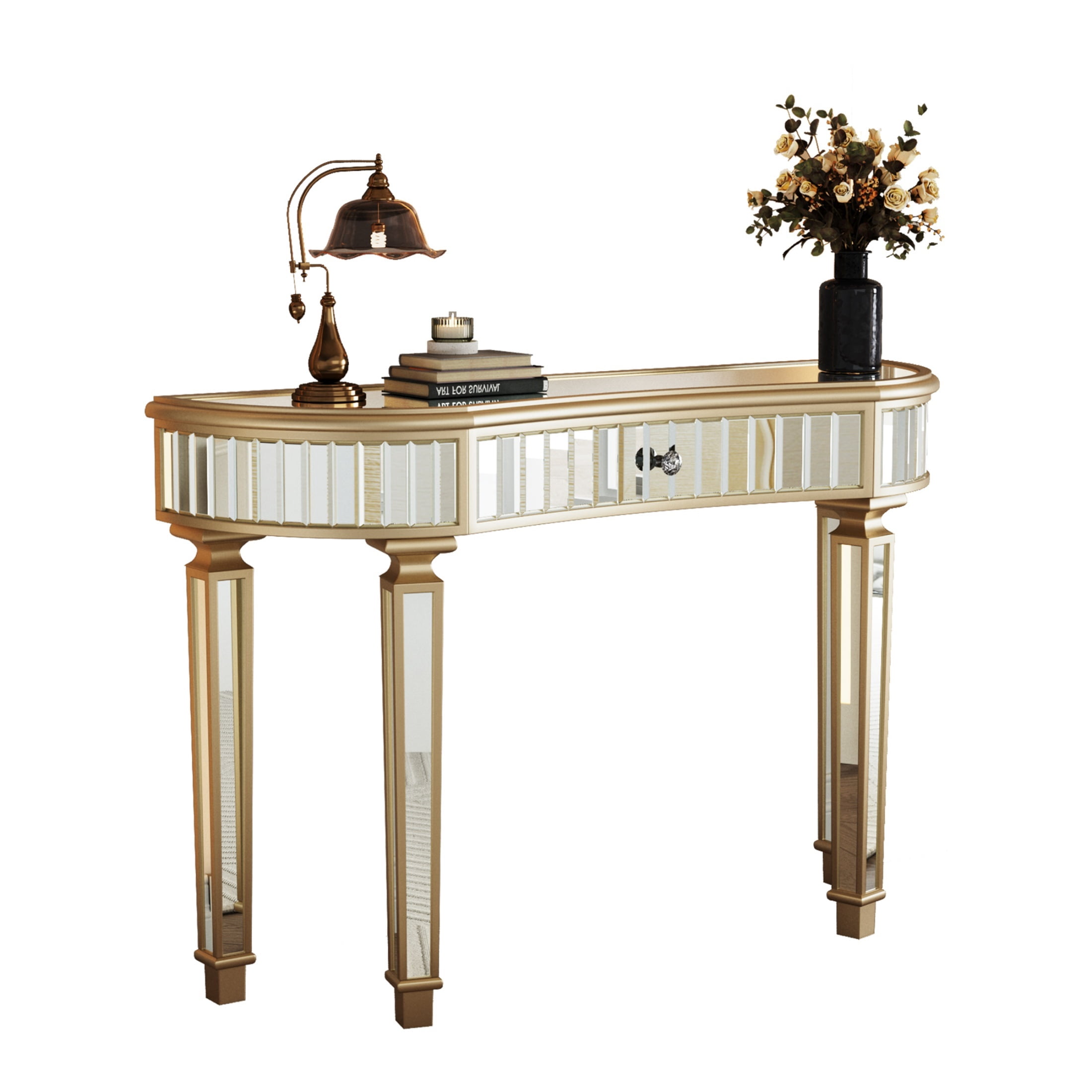 Curved Glass Console Table with Fluted & Crystal Knob Drawer, Mirrored Entryway Display Table, Multi-functional Vanity Desk