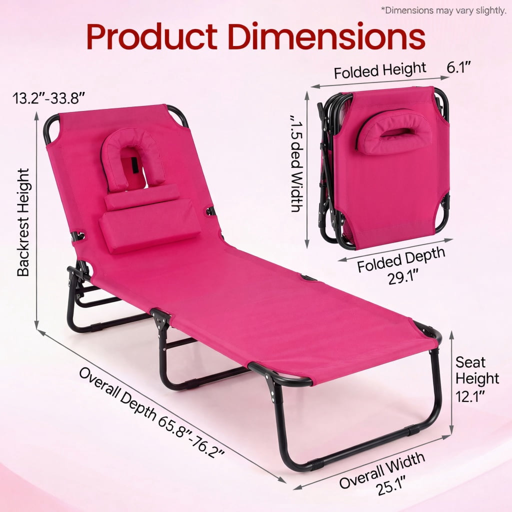 Hommoo Portable Folding Face-Down Tanning Chair with Adjustable Backrest, 3 Removable Zippered Pillows & Face Hole, Pink