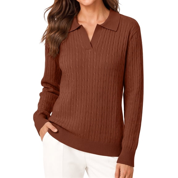Sundazz Womens Cable Knit Sweaters Long Sleeve V Neck Pullover Fall Winter Sweater Tops Casual Polo Shirts