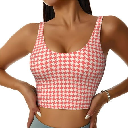 Qokaie Houndstooth With Red And White Pattern Womens Scoop Neck Sports Bra Breathable Workout Vest Padded U Back Medium Impact Fitness Gym Yoga Bra Workout Crop Top-XX-Large