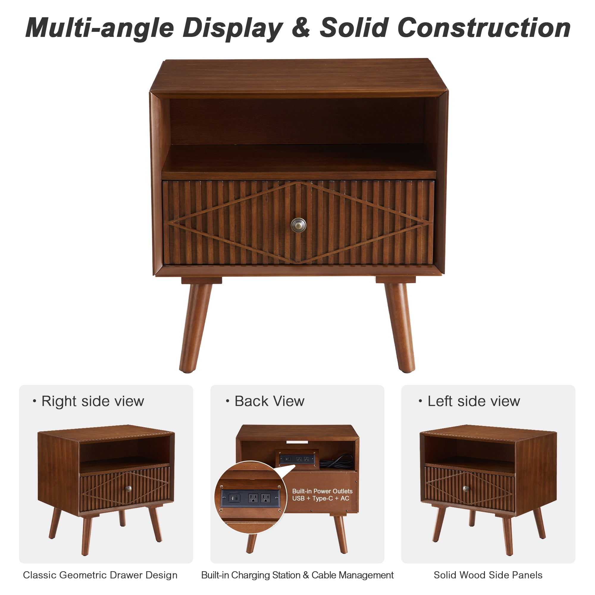 22" Mid-Century Modern Wood Nightstand with Carved Geometric Drawer Front, 1 Drawer and Open Shelf, Solid Wood Legs, Bedside Table for Bedroom