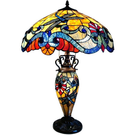 - Chloe Lighting 3-Light Tiffany Style Dragonfly Double Lit Table Lamp with 18