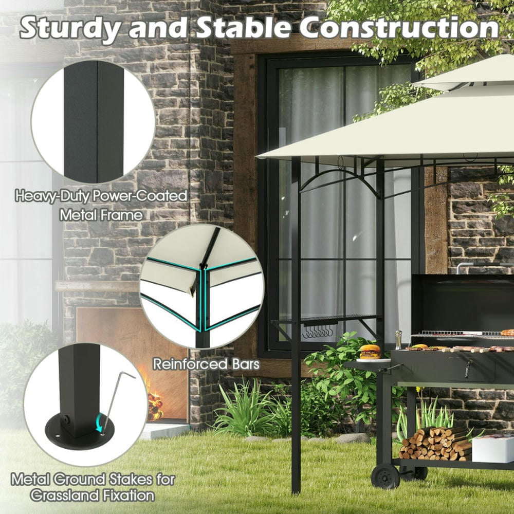 Barara King Gazebo, Outdoor Canopy Shelter,Outdoor Double-Tiered Grill Gazebo Canopy with 2 Shelves and 7 Hooks-Beige