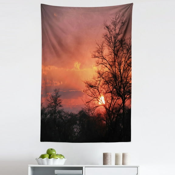 African Tapestry, Sunset Kwando River Caprivi Strip Namibia Evening Wilderness National Park, Fabric Wall Hanging Decor for Bedroom Living Room Dorm, 5 Sizes, Coral Orange Black, by Ambesonne
