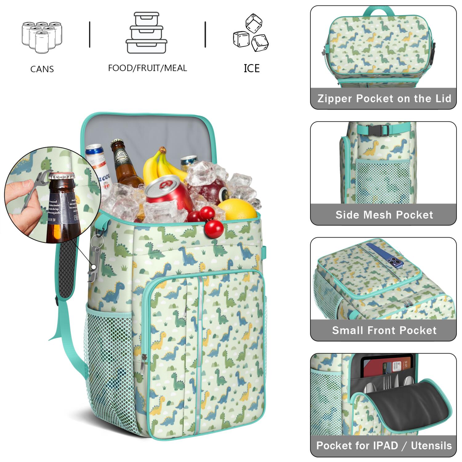 Travel Cooler Bag - LightGreen Cartoon Dinosaurs Clouds Pattern Camping Beer Cooler Backpack with Bottle Opener- Waterproof Insulated Picnic Backpacks - Cooler Bag for Beach