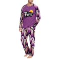 thumbnail image 5 of Men's Halloween Pajama Set Long Sleeve Raglan Soft Cotton Loungewear with Letter Print Top & Full Length Pants for Home Night Purple 3XL, 5 of 6