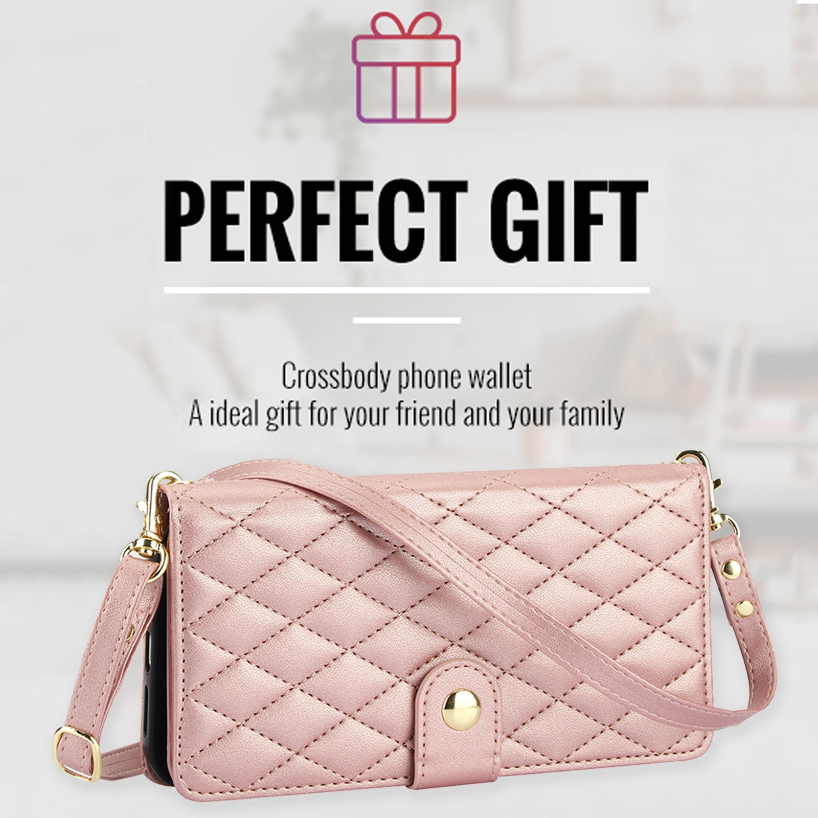 Phone Case for Apple iPhone 13, Premium iPhone 13 Case with Wallet, Card Holder, Coin Zipper Pocket Shockproof Flip Cover Stand with Wrist Strap & Detachable Shoulder Strap,Rosegold