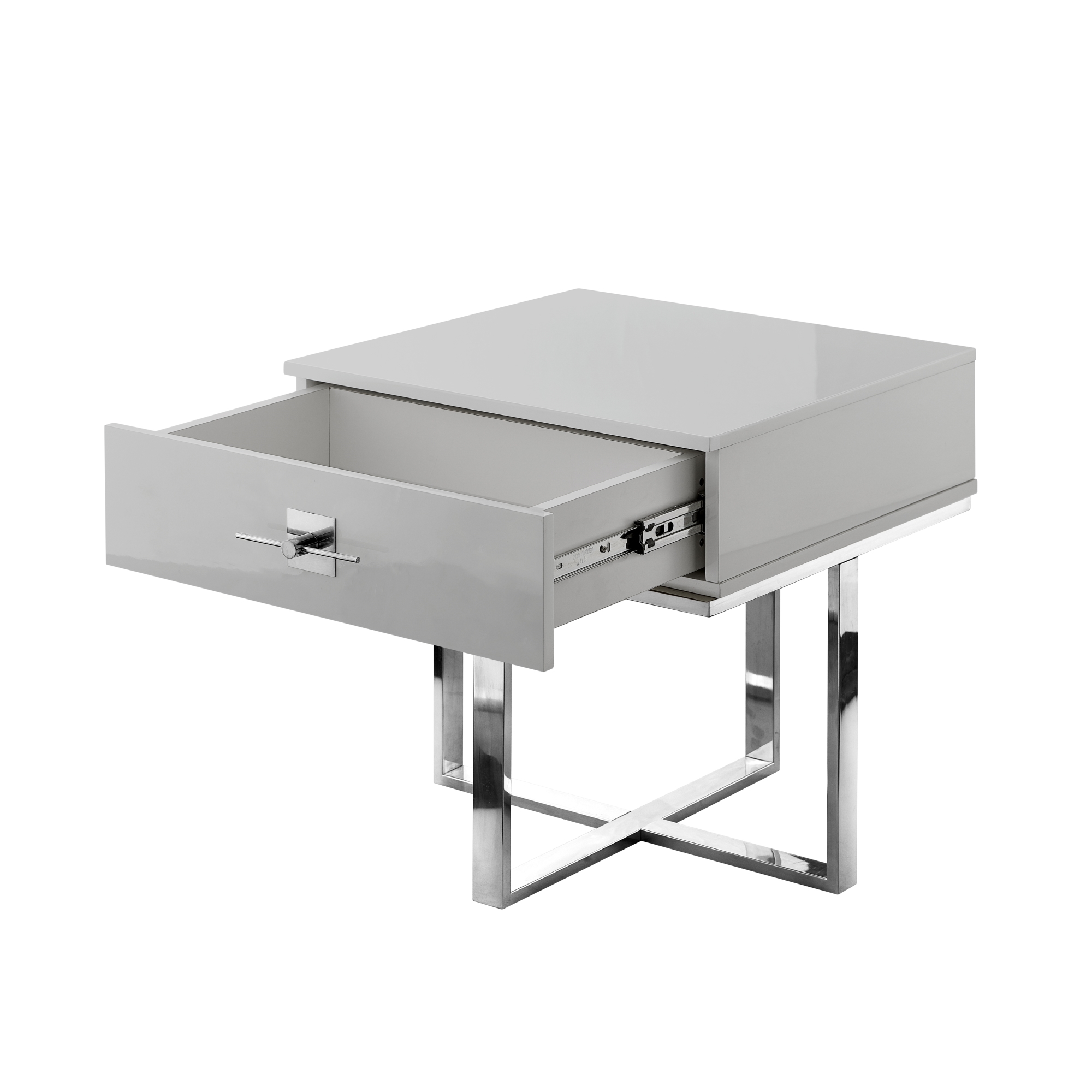 Hilo Light Grey Chrome Side Table - 1 Drawer, Hight Gloss Lacquer Finish, Polished Stainless Steel Base