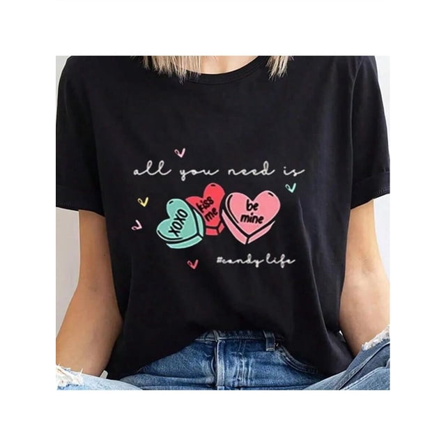 Camiseta de San Valentín con cuello redondo y manga corta para mujer, informal, de verano, con gráficos y letras, estilo novedoso, cómoda para actividades al aire libre. Para adultos, hombres, mujere