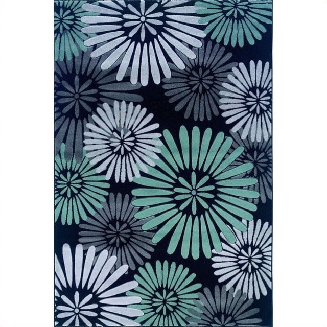 Linon Rugs Milan Flower Rectangular Area Rug in Black and Turquoise-1'11" x 2'10"