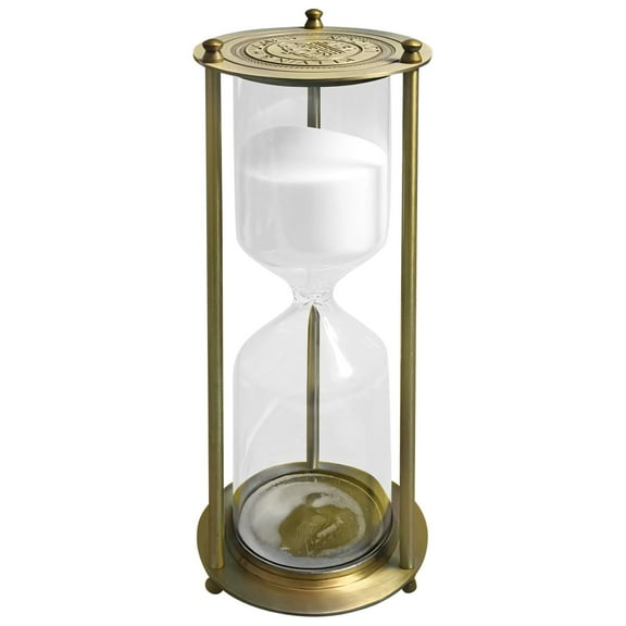Vintage Metal Hourglass Sand Timer, Crown Glass Timer with Engraved Base, 15 Minute Home Office Decor, Unique Gift & Craft Decoration