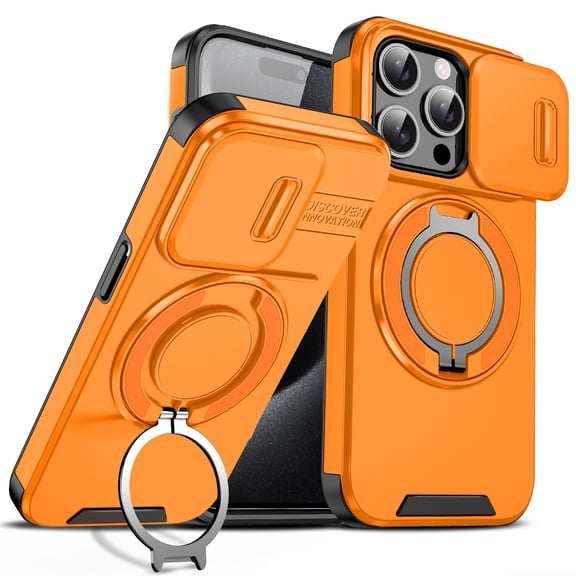 Moreoy Magnetic Case for iPhone 15 Pro with Rotating Ring Stand, Sliding Lens Cover Protection Shockproof Dual-layer Protective Phone Case with Magnetic Kickstand Finger Grip Holder,Orange