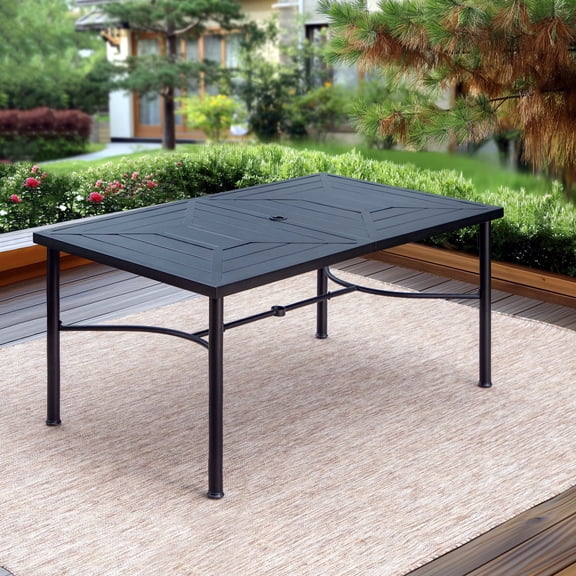 SUMMIT LIVING 64" x 39" Rectangular Steel Outdoor Patio Dining Table with Umbrella Hole for 6 person, Black