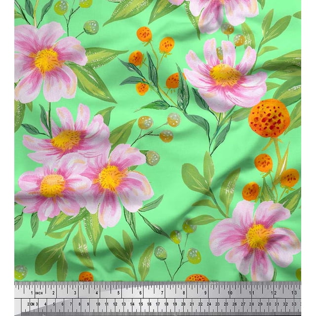 Soimoi polyester Crepe Fabric Leaves & Wild Flower Print Fabric by Yard 52 Inch Wide