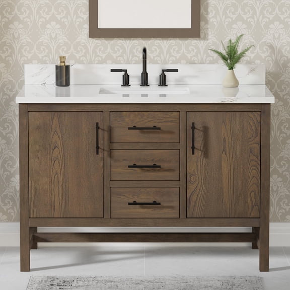 Solon 48" Single Bathroom Vanity, 49" W x 22" D x 34.5" H, Calacatta Sintered Stone Top with Sink & Backsplash, Dark Brown, Solid Wood, Pre-Assembled, 2 Doors, 3 Drawers, Adjustable Feet.