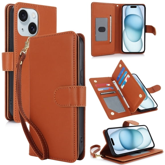 For iPhone 15 6.1" Wallet Case Leather Magnetic Flip Cover with Card Slots, RFID Blocking, Kickstand, Anti-Drop TPU & Detachable Wrist Strap,Brown,For iPhone 15