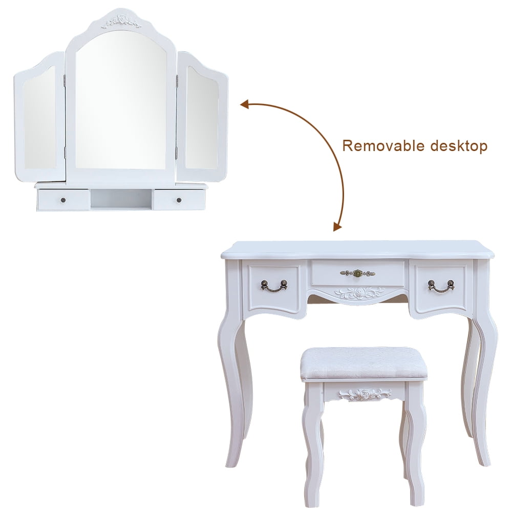 Kepooman Vanity Table Set, Tri-fold Mirror Dresser Table with Dressing Stool, White Kepooman Vanity Table Set, Tri-fold Mirror Dresser Table with Dressing Stool, White