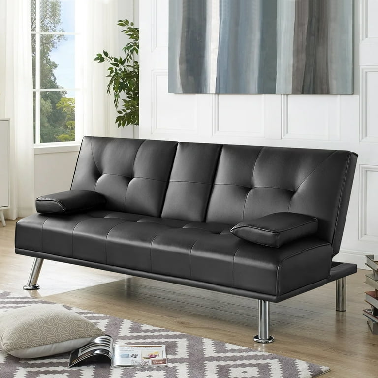 Modern Faux Leather Futon Sofa Bed with Cup Holders Convertible Floding Sofa Couch Black