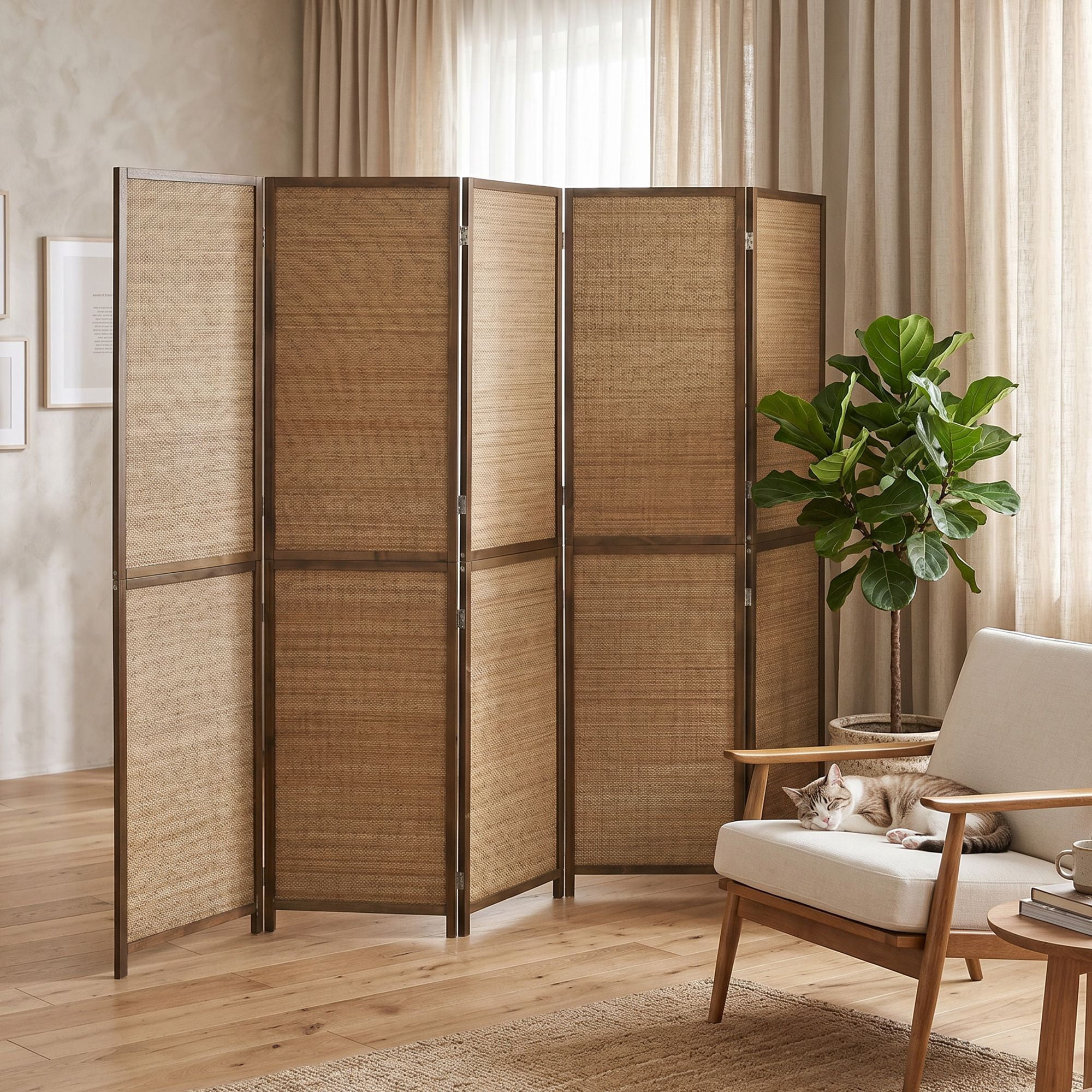 Alvantor 6 Panel Room Divider 6ft Hand-Woven Bamboo Privacy Screen for Porch Living Room Dorm Brown
