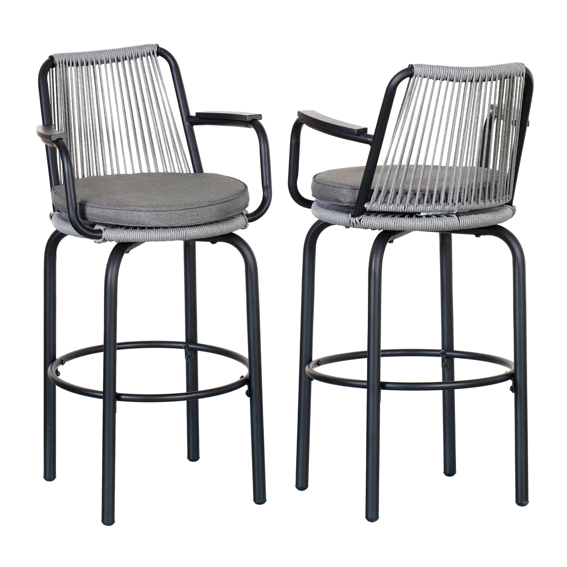 Lyric Modern 29" Outdoor Patio Bar Stools, Bar Chairs with Wood Grain Finish Frame with Hand-Woven PE Rattan Rope, Removable Cushions, Black+Gray, Set of 2