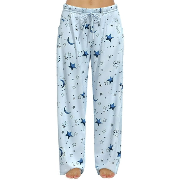 FLYCURVY Plus Size Women Pajama Pants Soft Long Sleep Lounge Pants Drawstring Star Floral Printed with Pocket L-5XL