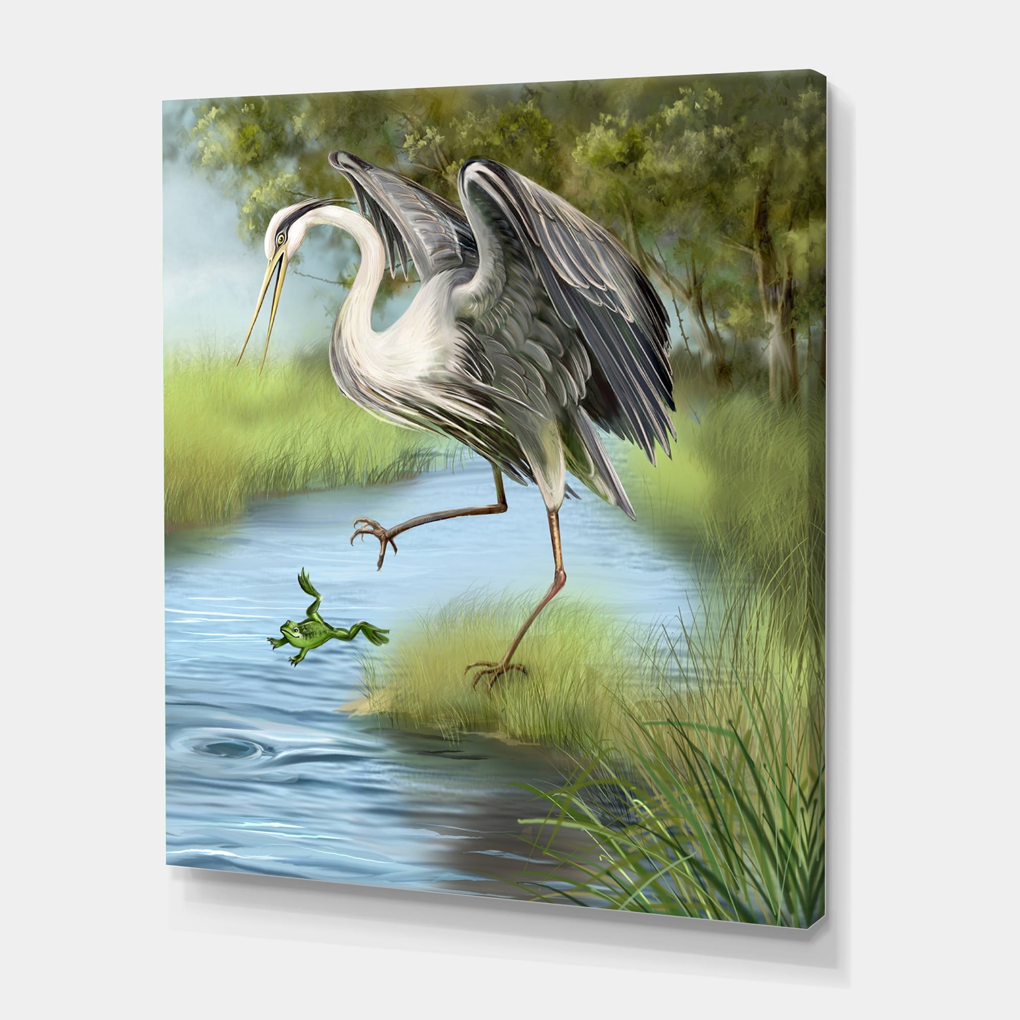 Designart ' Crane Hunting A Frog ' Farmhouse Canvas Wall Art Print