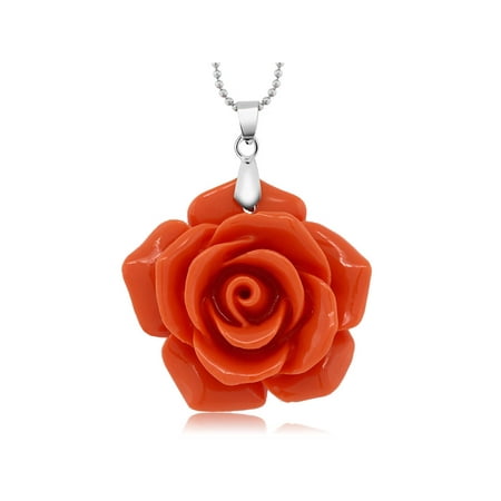 - 30MM Simulated Pink Coral Carved Rose Flower Pendant With 18