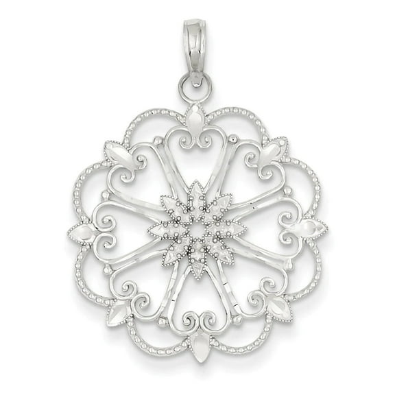 14K White Gold Starbust with Hearts D.C Beaded Filgree Pendant