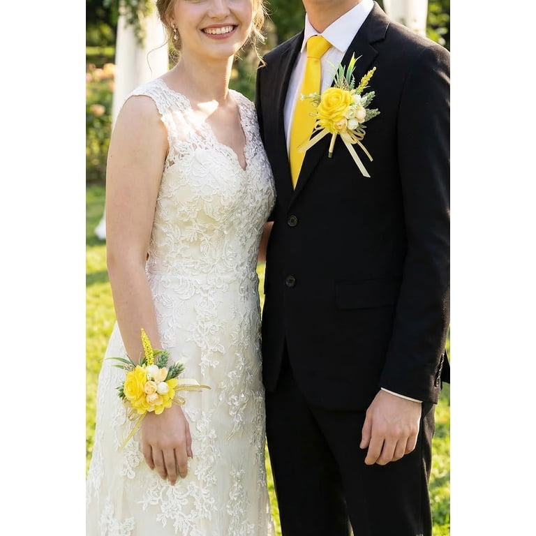 corsage for yellow prom dress Yellow and White Wrist Corsage & Boutonniere for Prom  Fresh Flowers   Marchello's Floral
