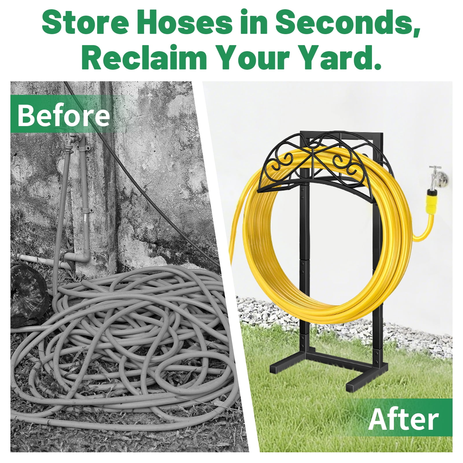 Garden Hose Holder with 4 Spikes Metal Hose Reels for Outside Holds 160 FT Hose, Heavy-Duty Waterhose Holder for Lawn Yard Farm, Black