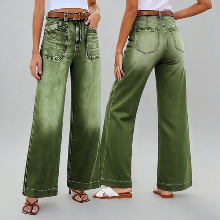 Women's Wide Leg Stretchy Denim Jeans Bell Bottom Jeans for Women (Green M)
