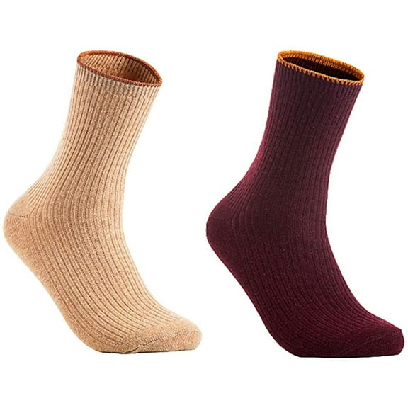 Lian LifeStyle Women's 2 Pairs Cute & Comfortable Wool Crew Socks Size 6-9 HR1612, Color Beige, Wine