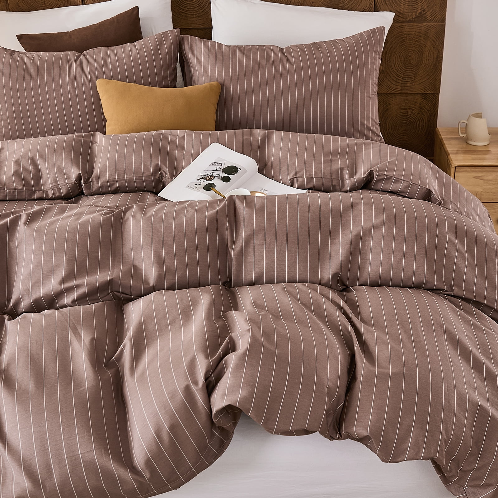 Brown Striped Duvet Cover Set Queen Size, 100% Natural Cotton Linen Like Duvet Cover Set with Zipper Closure & 8 Corner Ties, Brown Khaki Soft Reversible Bedding for All Seasons