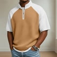 thumbnail image 2 of Hearthz Waffle Mens Quarter Zip Pullover Patchwork Raglan Mens Short Sleeve Shirts Lightweight Running Gym Basketball Jersey Light Brown M, 2 of 4