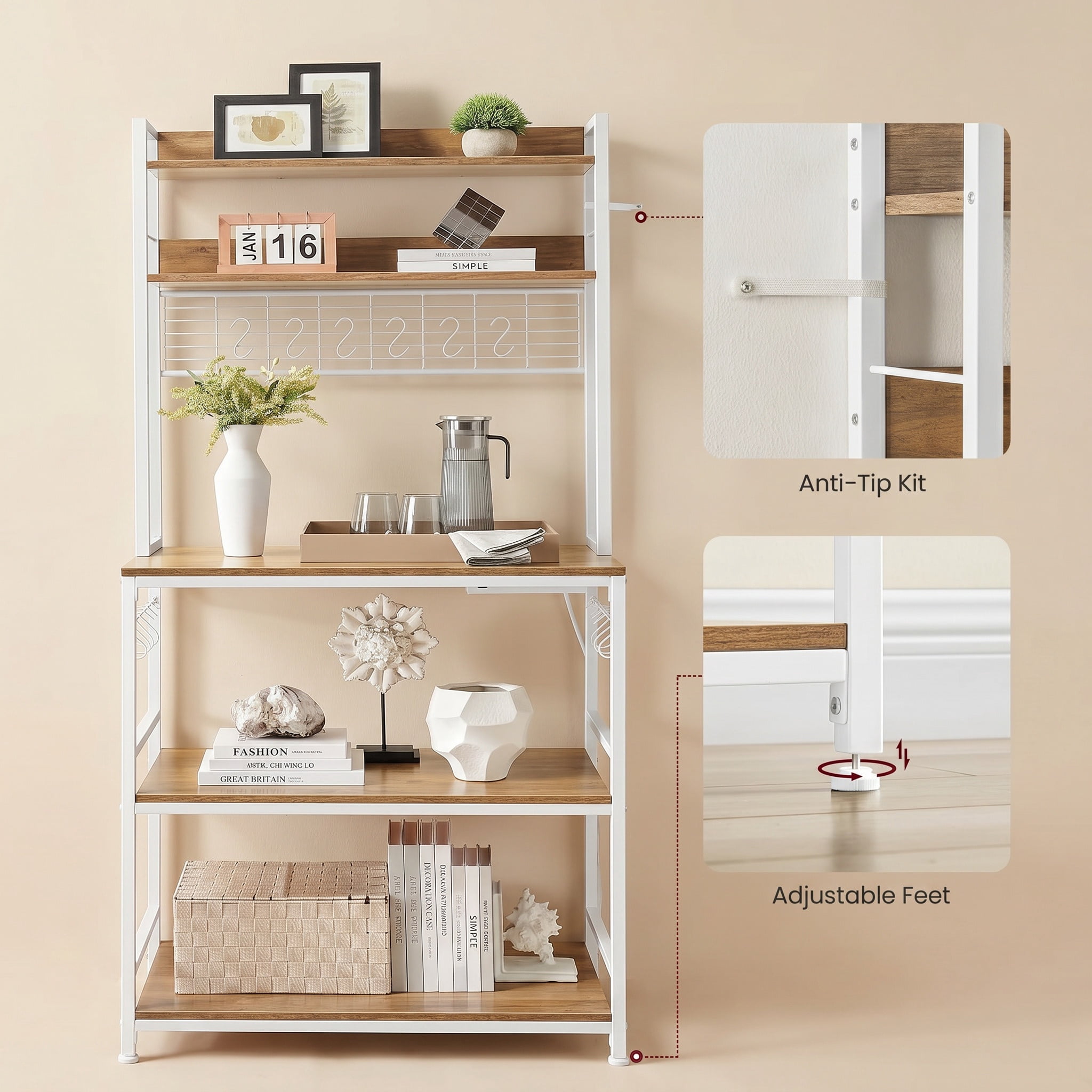 Nordic Hygge 66.9 in. Tall Bakers Rack with Power Outlet, Rustic Walnut & Cloud White