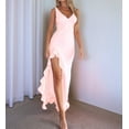 thumbnail image 5 of Women V Neck Sleeveless Mesh Ruffle Hem Bodycon Maxi Casual Backless High Slit Cocktail Party Dress Pink L, 5 of 9