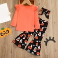 thumbnail image 5 of Dmsael Toddler Girl Halloween Fall Winter Outfits Pumpkin Print Ruffle Long Sleeve Shirts Top and Flare Pants Headband Set Baby 3 Piece Clothes (Orange,4-5 Years), 5 of 6