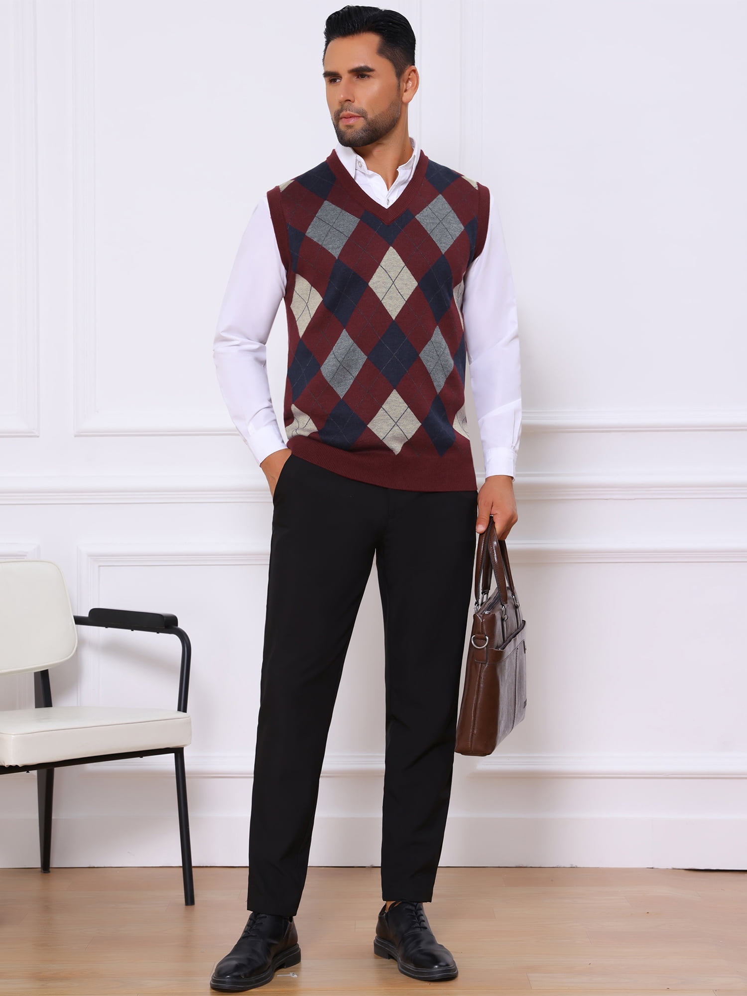 DARING DIVA Men's Casual Knit Sleeveless V-Neck Plaid Argyle Sweater Vest L Burgundy