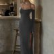 thumbnail image 1 of Vestido De Manga Larga Vestido ajustado de mujer con cordones vestido de corte bajo sin espalda estilo vintage ropa de fiesta Cgtredaw Gris M para Mujer, 1 of 1