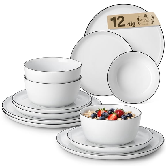 Vancasso 12 Piece Ceramic Dinnerware Set, Glossy Glazed Plates and Bowls Sets, Elegant Dish Sets for 4, Dishwasher & Microwave Safe, Black Trim