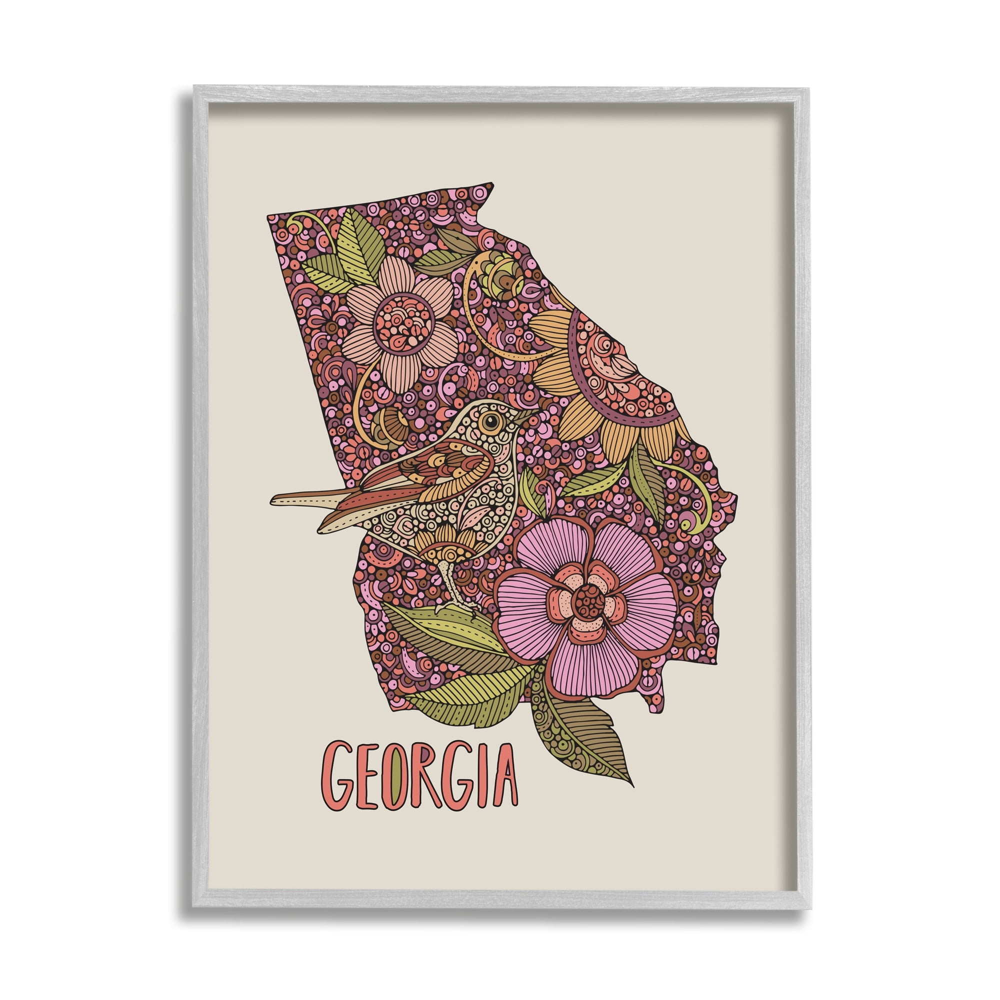 Stupell Industries Intricate Georgia State Bird & Flower Detailed Floral Design Graphic Art Gray Framed Art Print Wall Art, Design by Valentina Harper
