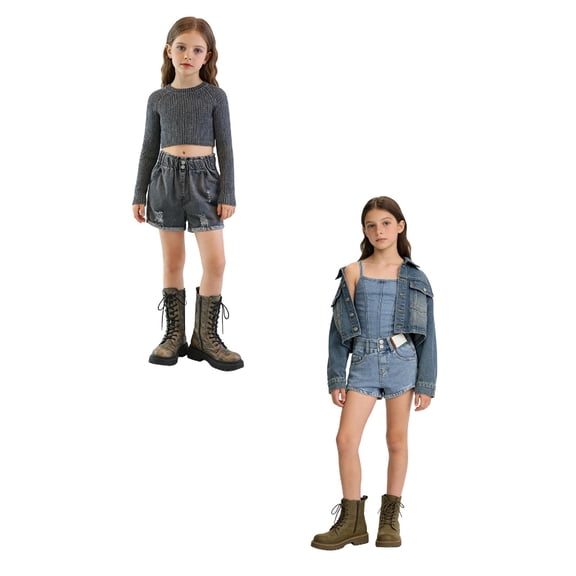 XEGLSBU 2 Pack Distressed Denim Shorts for Girls with Comfortable Stretch and Adjustable Waistband for Casual Play and Summer Size 12-14 Years