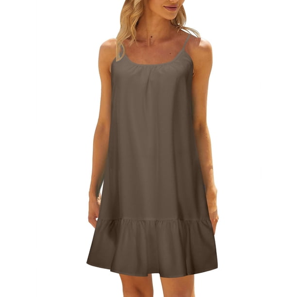 Mini vestido camisola sin mangas y sin espalda para mujer, para la playa, de poliéster, con volantes en el dobladillo, para cubrir el bikini, para llevar en vacaciones y en fiestas en la piscina.