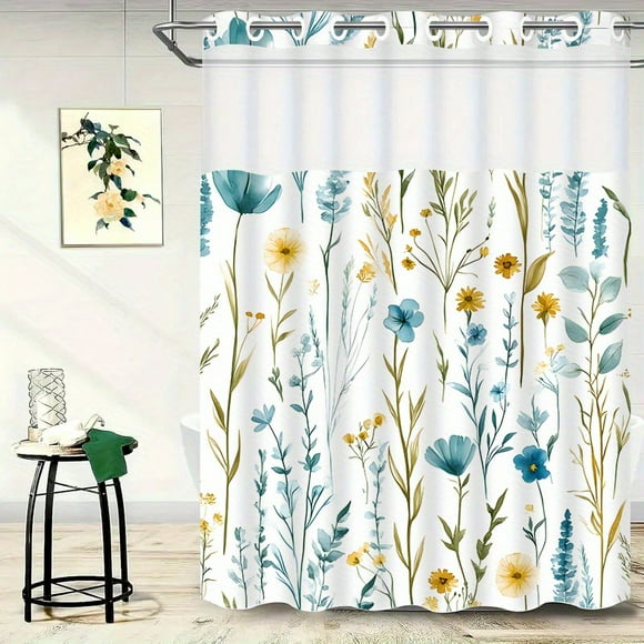 Estbridge Rideau de Douche Sans Crochets avec Doublure à Boutons-Pression Thème Floral Déco Maison Hôtel Ensemble Rideau de Douche et Doublure Rideau de Douche Aquarelle Transparent avec Fenêtre Double Couches Haute Qualité